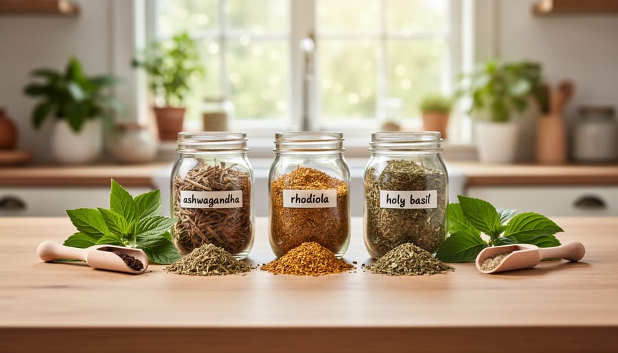 Assortment of adaptogenic herbs including roots and dried leaves on wooden board with mortar and pestle