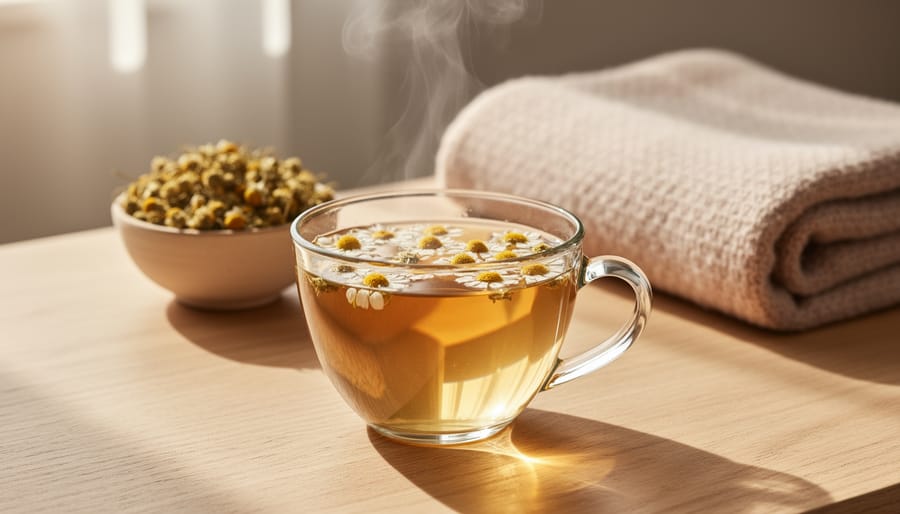 Steaming cup of chamomile tea with fresh chamomile flowers on saucer