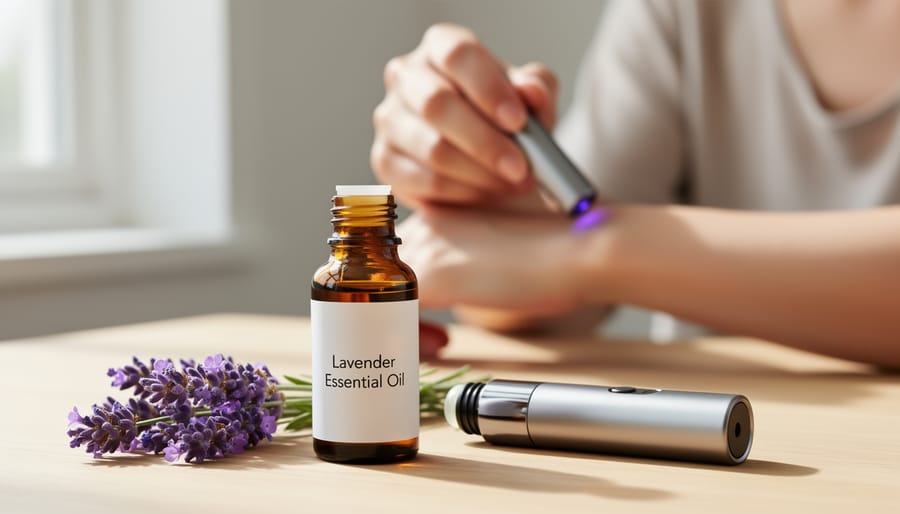 Hands holding essential oil bottles with fresh lavender on linen surface