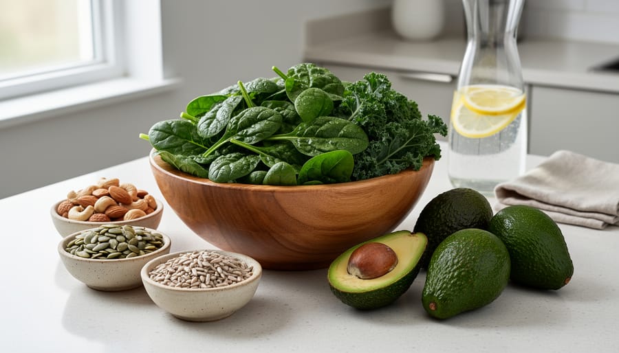 Overhead view of magnesium-rich foods including spinach, almonds, avocado, and dark chocolate