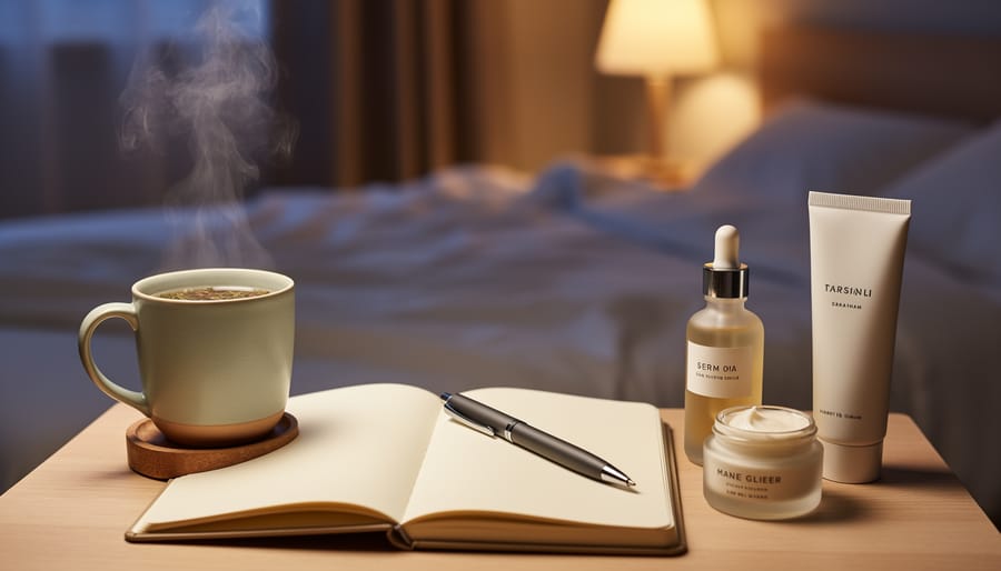 Bedside wind-down items including a mug, notebook, and skincare products arranged on a table