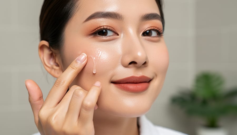 Close-up of hands applying a dropper serum onto the back of a hand with a softly blurred bathroom vanity in the background.