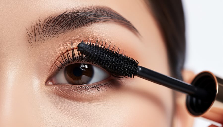 Close-up of mascara application on eyelashes with a wand near the eye