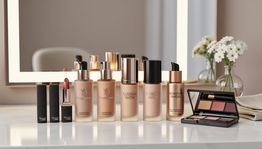 Cosmetic products arranged on a vanity with makeup tools, showing premium-looking packaging without any readable text.