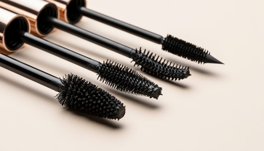 Mascara wand and spoolie close-up on white marble surface with lashes-focused beauty context