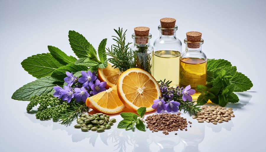 Natural cosmetic ingredients in small glass bowls with botanical sprigs on a clean white background.