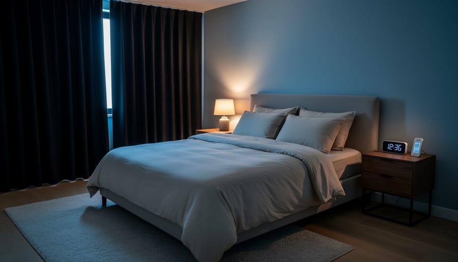 Neatly arranged bed with blackout curtains and a thermometer on a dresser in a dim room