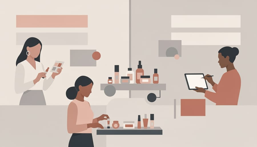 People reviewing sample makeup products together in a bright studio setting.