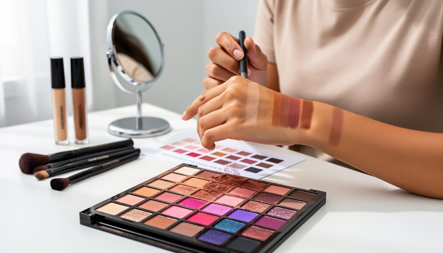 Person at a vanity choosing shades from a custom eye shadow palette with a makeup brush.