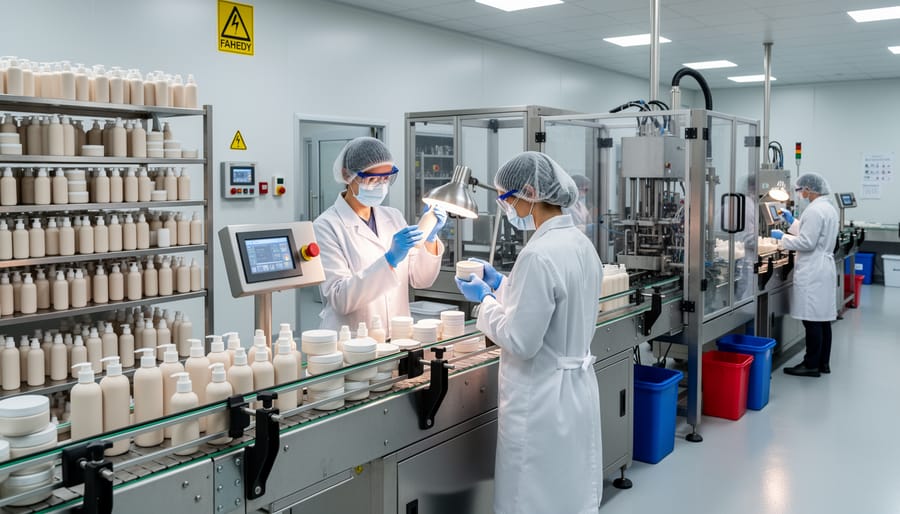 Stainless steel beauty manufacturing workbench with sealed glass bottles and jars in a clean facility.