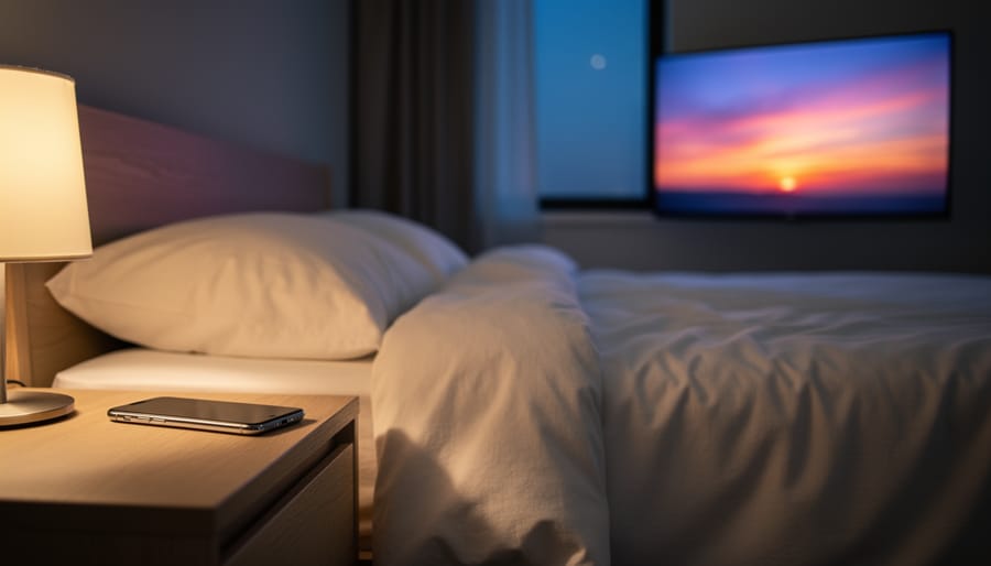 Woman placing her smartphone face-down on a nightstand in a dim bedroom before sleep