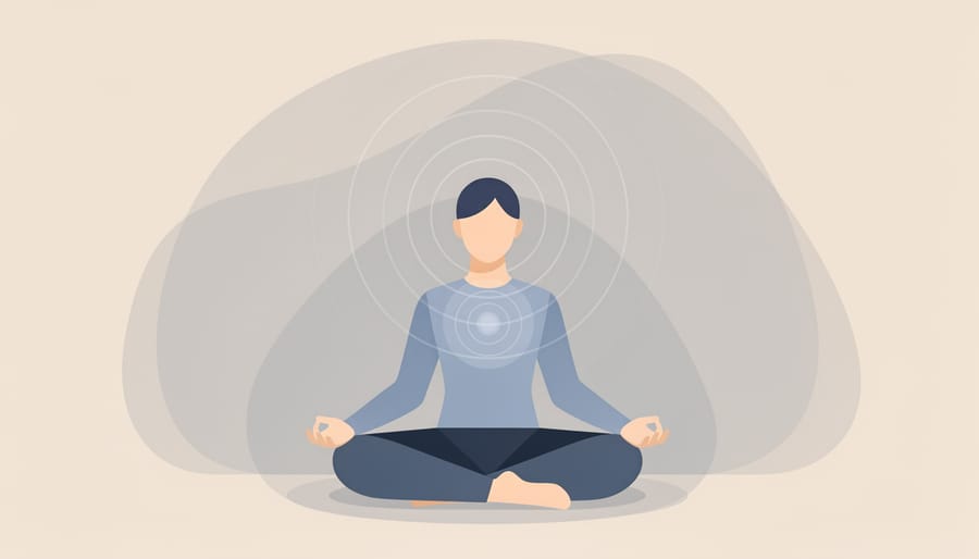 Woman practicing gentle breathing while seated on a yoga mat near her bed