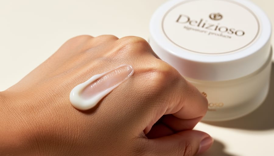 Person applying a clear vegan balm to their forearm with gentle fingertips.