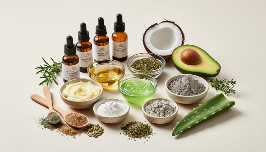 Close-up of natural DIY hair care ingredients including coconut oil, aloe vera gel, apple cider vinegar, and honey in glass containers.