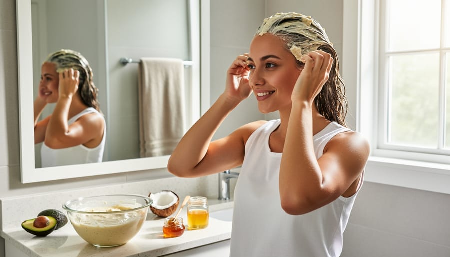 Person applying a homemade DIY hair mask to their hair with a brush in a bright bathroom.