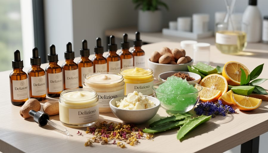 Essential oils and natural skincare ingredients arranged in small apothecary jars on a studio counter.