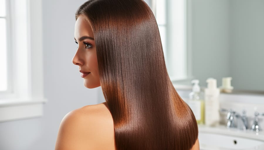 Close-up of glossy hair strands with water highlights while fingers gently run through the hair.