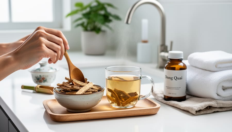 Woman holding a cup of herbal tea at home with dong quai, style herbs in the background