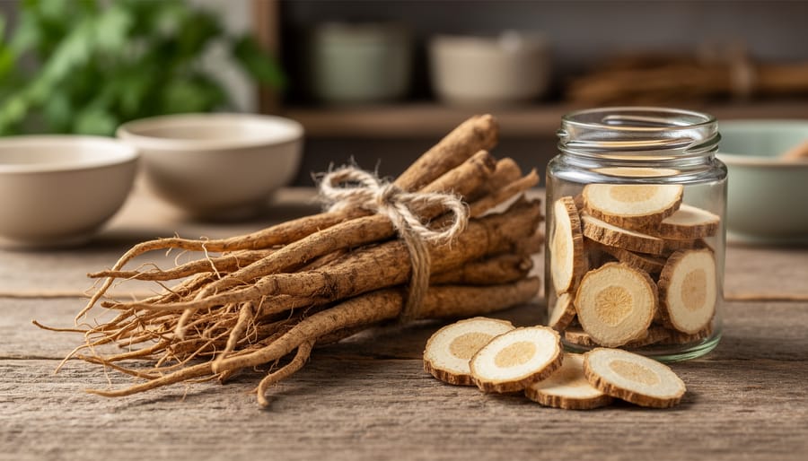 Close-up of dong quai (Angelica sinensis) root pieces on a wooden tray with natural soil and dried herb background