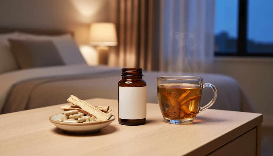 Amber glass supplement bottles and a warm herbal drink on a bedside or bathroom counter in soft light