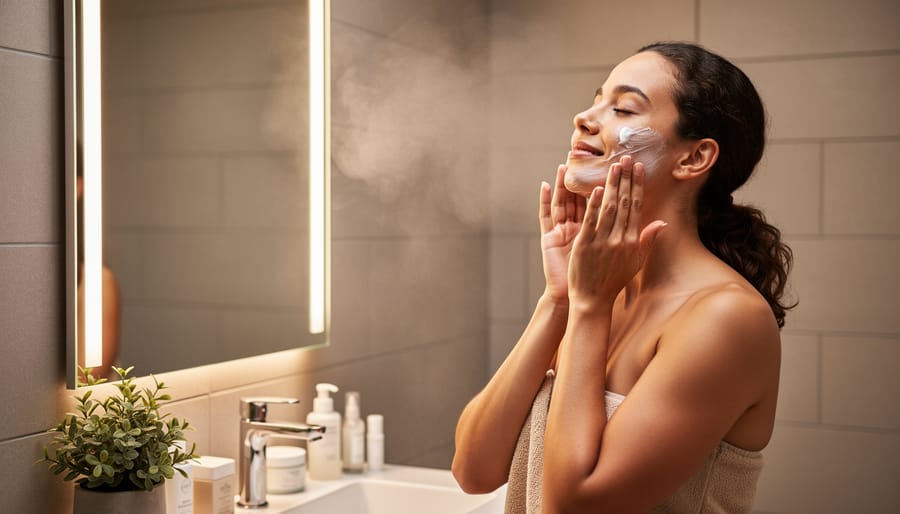 Woman applying gentle skincare to her inner thigh in a bright bathroom setting