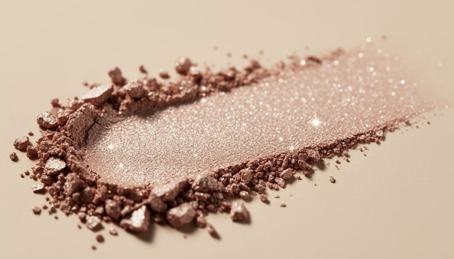 Macro close-up of iridescent mica powder and shimmering eyeshadow on a vanity surface