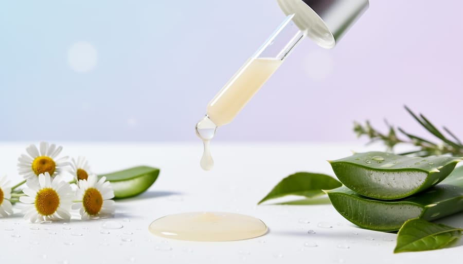 Serum bottle and natural ingredients arranged for a clean, organic intimate skincare scene