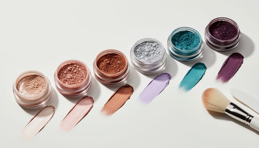 Laboratory-style scene with pearlescent pigment vials and a gloved hand near shimmering cosmetic samples