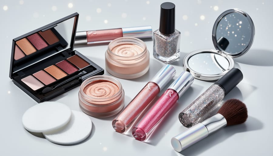 Assortment of shimmering beauty products including an eyeshadow palette, body lotion, and nail polish