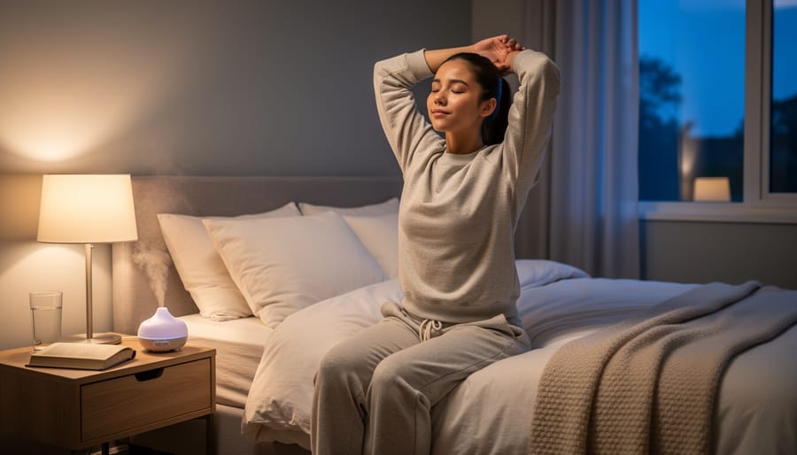 A teen stretching gently on her yoga mat near the bed in soft morning light.