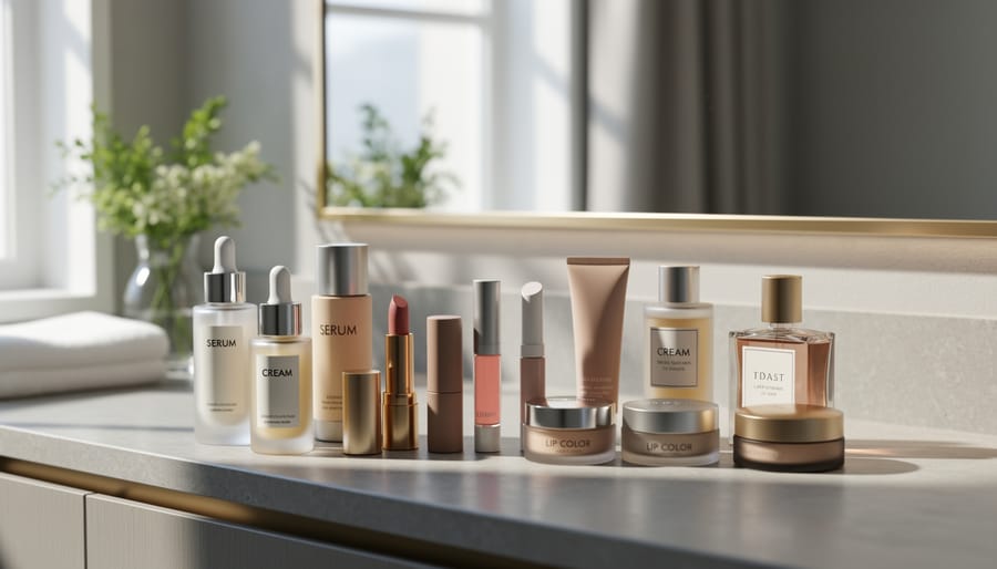 Luxury vanity scene with glass cosmetic bottles and brushes arranged neatly on a modern countertop