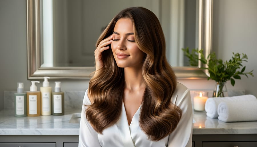Person applying a hair serum dropper to shiny hair near a bright window