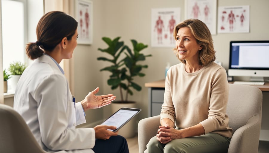 Woman discussing health with a clinician in a bright consultation room