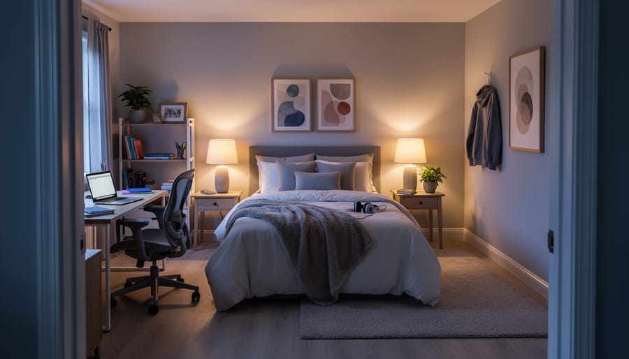 A teen’s bedroom at night with neatly made bed, cozy sleepwear, and a bedside alarm clock.